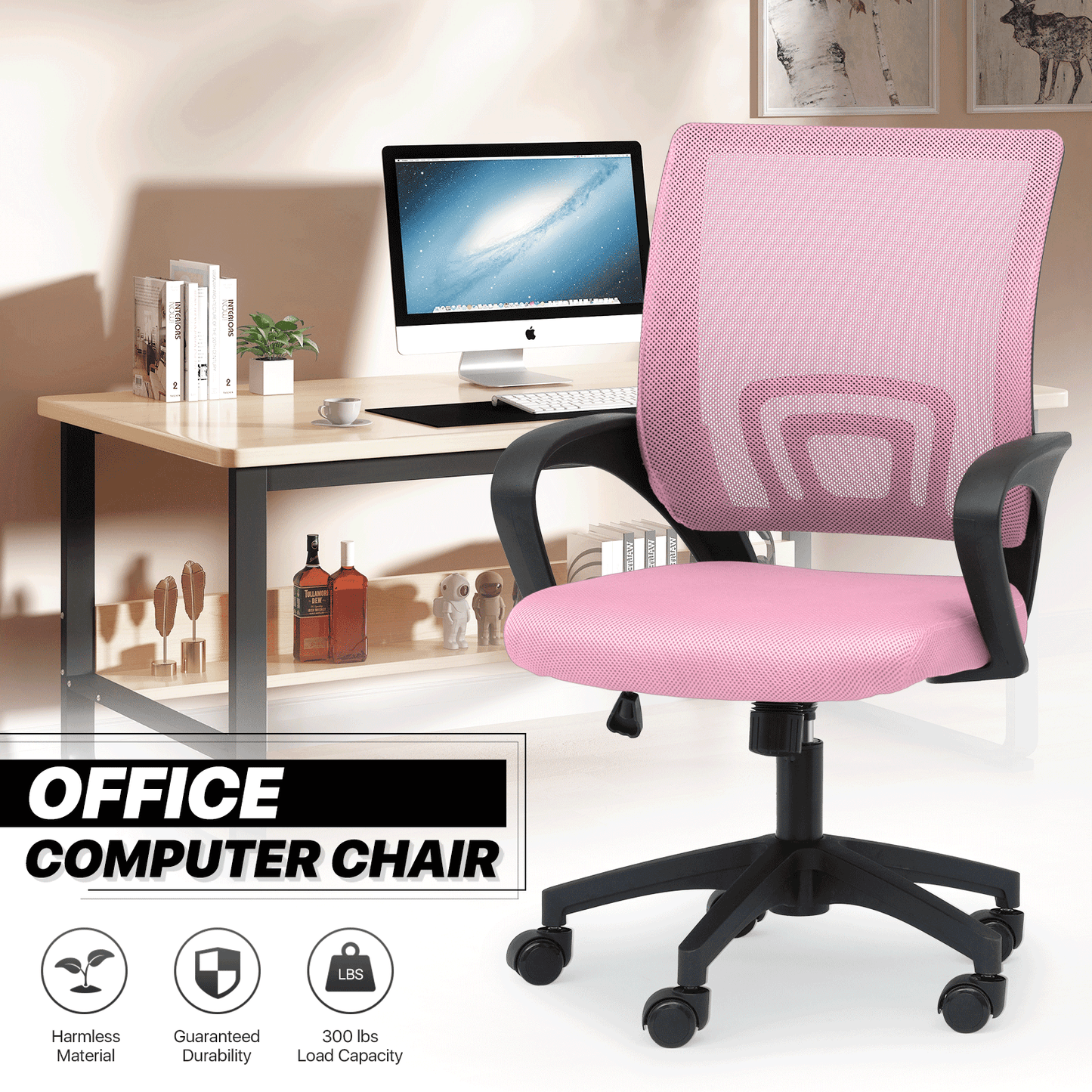 Mesh Office Home Chair, Mid Back Ergonomic Rolling Swivel Chair with Padded Seat and Armrest