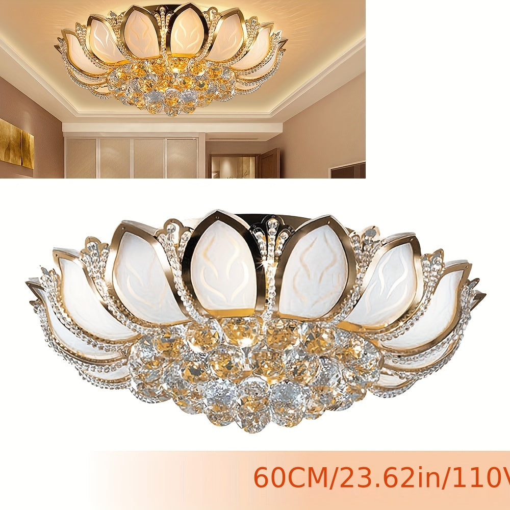 Lotus Flower Shape Crystal Ceiling Light, Golden Modern Chandelier With 60 Crystal Balls, Easy Install Indoor Lighting Fixture For The Living Room, Dining Room, Study Room, Bedroom, Kitchen, Lobby, Hallway, E12 (without Light