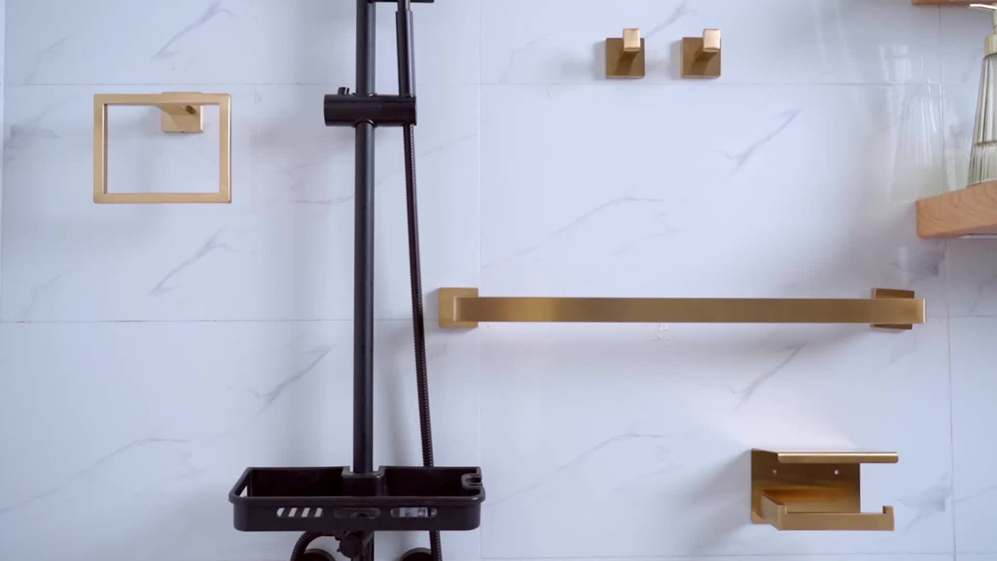 10pcs Stainless Steel Bathroom Hardware Set - Golden Modern Wall-Mounted Towel Ring, Robe Hook, Toilet Paper Holder & Phone Shelf with Towel Bar - Space-Saving Bath Accessories Kit for Contemporary Bathrooms (Easy Installatio