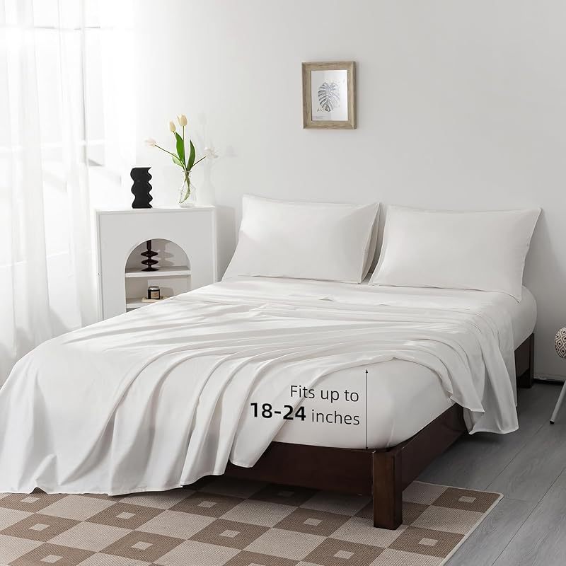 100% Egyptian Cotton Sheets Full/Queen/King/Cal King Size Set; Extra Deep Pocket Full Sheets Set Soft Breathable Cooling 4pcs Bed Sheets with 1 Flat Sheet, 1 Fitted Sheet, 2 Pillowcases(Full, White), Bedroom Essentials, Cooli