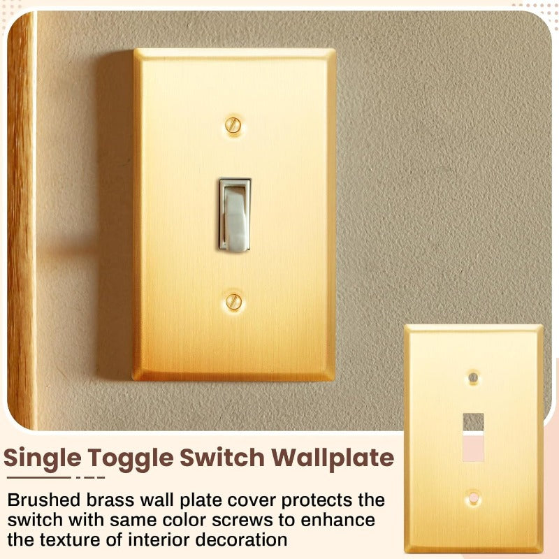 8 Pack Golden Outlet Covers 4. 50" X 2. 76" Toggle Light Switch Covers Brass Metal Brushed Decorative Golden Receptacle Wallplate Corrosion ResistantStandard Size Brushed Brass