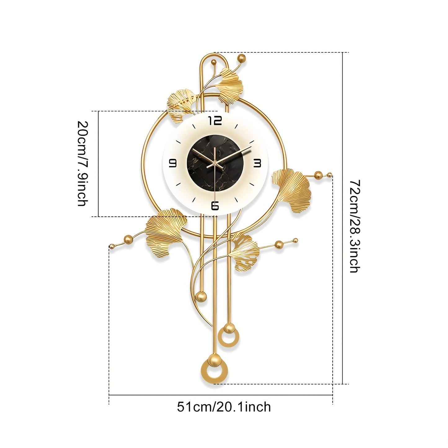 Elegant Decorative Wall Clock with LED Light, 28x20in Metal Ginkgo Leaf Wall Clock, Modern Silent Metal Timepiece, Creative Wall Art Clocks Home Accent, Large Golden Wall Clock