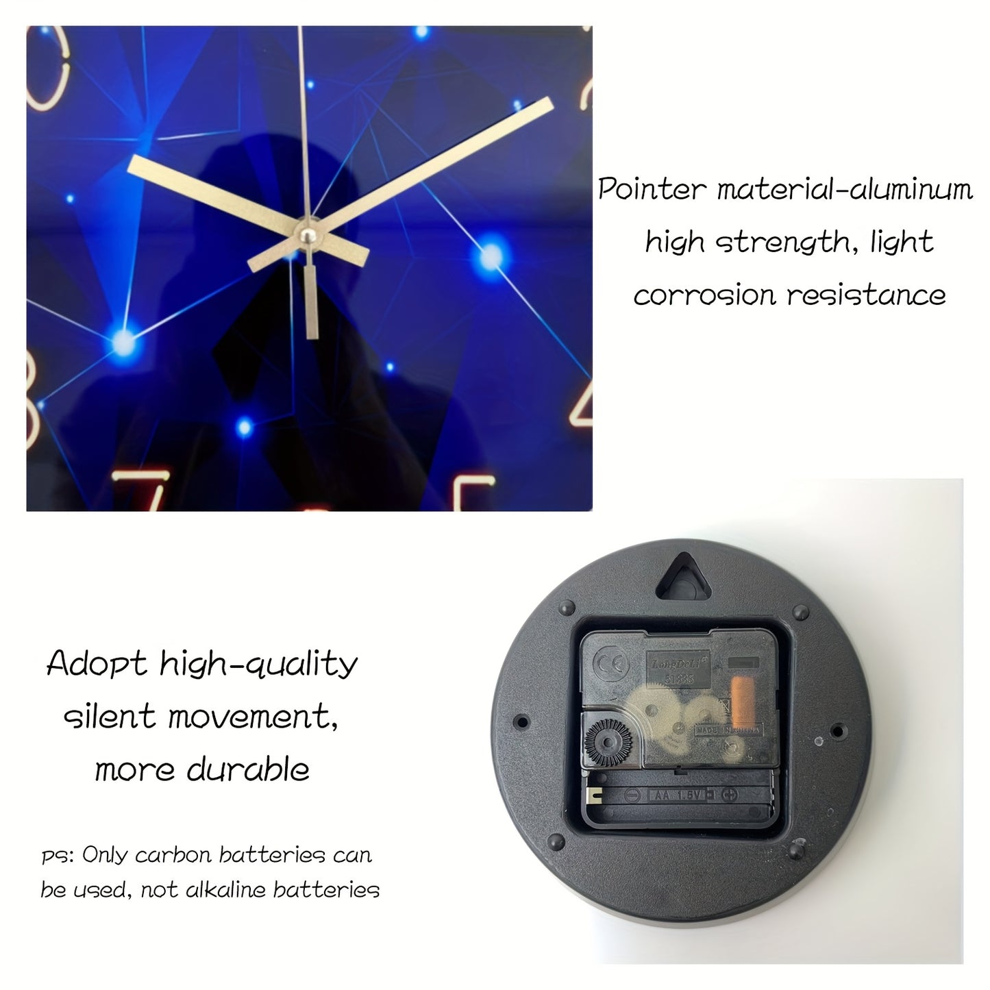 20 Inch Deep Blue Geometric Oversized Tempered Glass Wall Clock, Powered By AA Batteries, Suitable for Living Rooms, Entrances, Large Space Home Decoration, Handmade Artworks, Circular Silent Clock, Holiday Gifts (without Bat