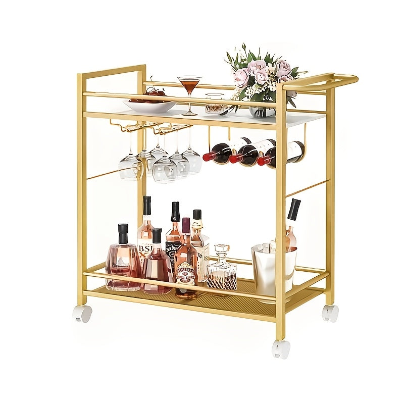 Modern Push Cart with Storage Shelves, Two-Tier Rolling Serving Cart with Wheels, Wine Rack and Glass Holders for Kitchen, Living Room, Dining Room, Lab Use - Golden, Bar Serving Station|Stylish Shelving Unit|Metal Frame Cart