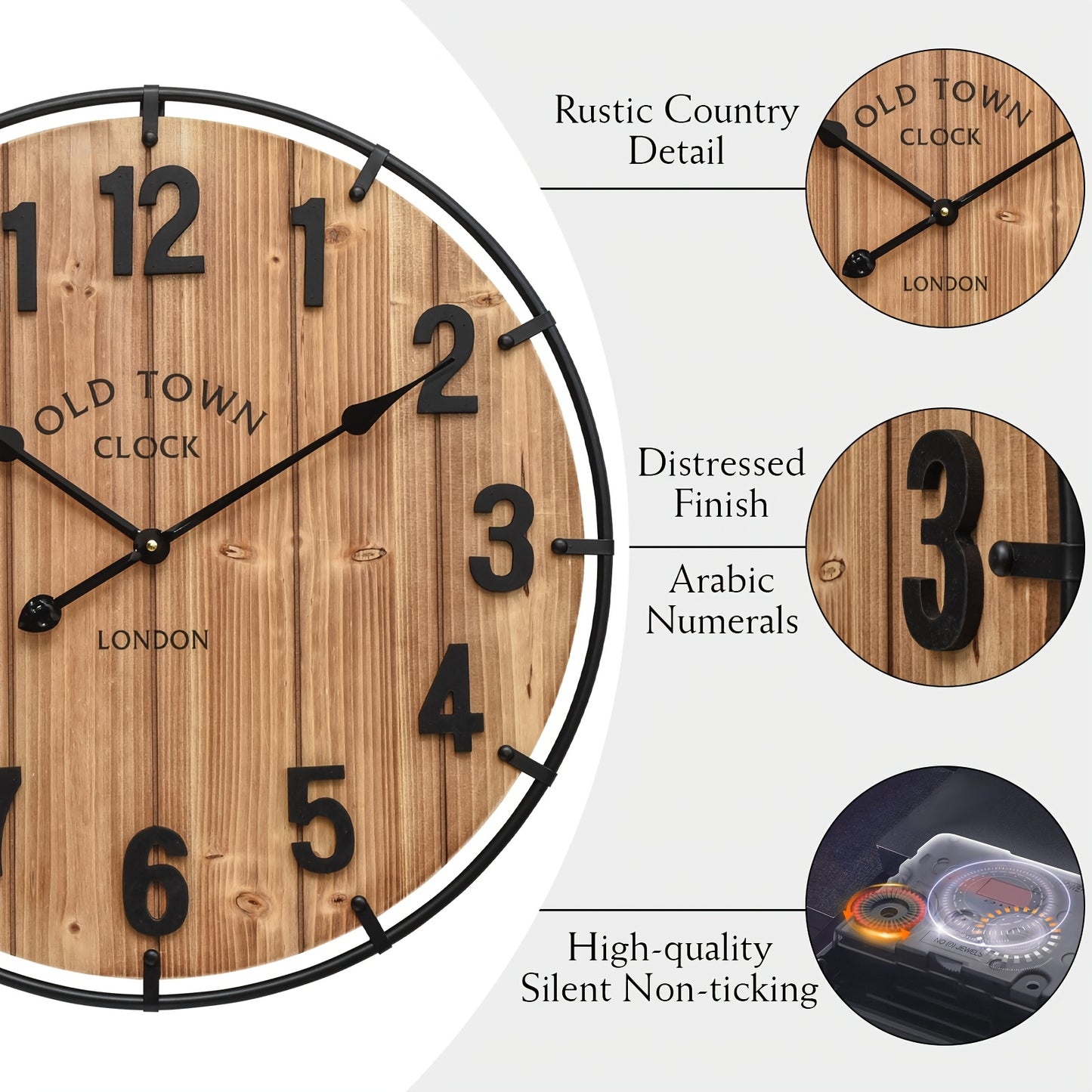 1pc Large 24 Inch Rustic Antique Wood Wall Clock with Metal Circle & Large Numerals - Silent Battery Operated, Farmhouse Decor for Living Room, Kitchen, Bedroom, Office, Clock for Living Room, Bedroom Timepiece, Old Town Desi