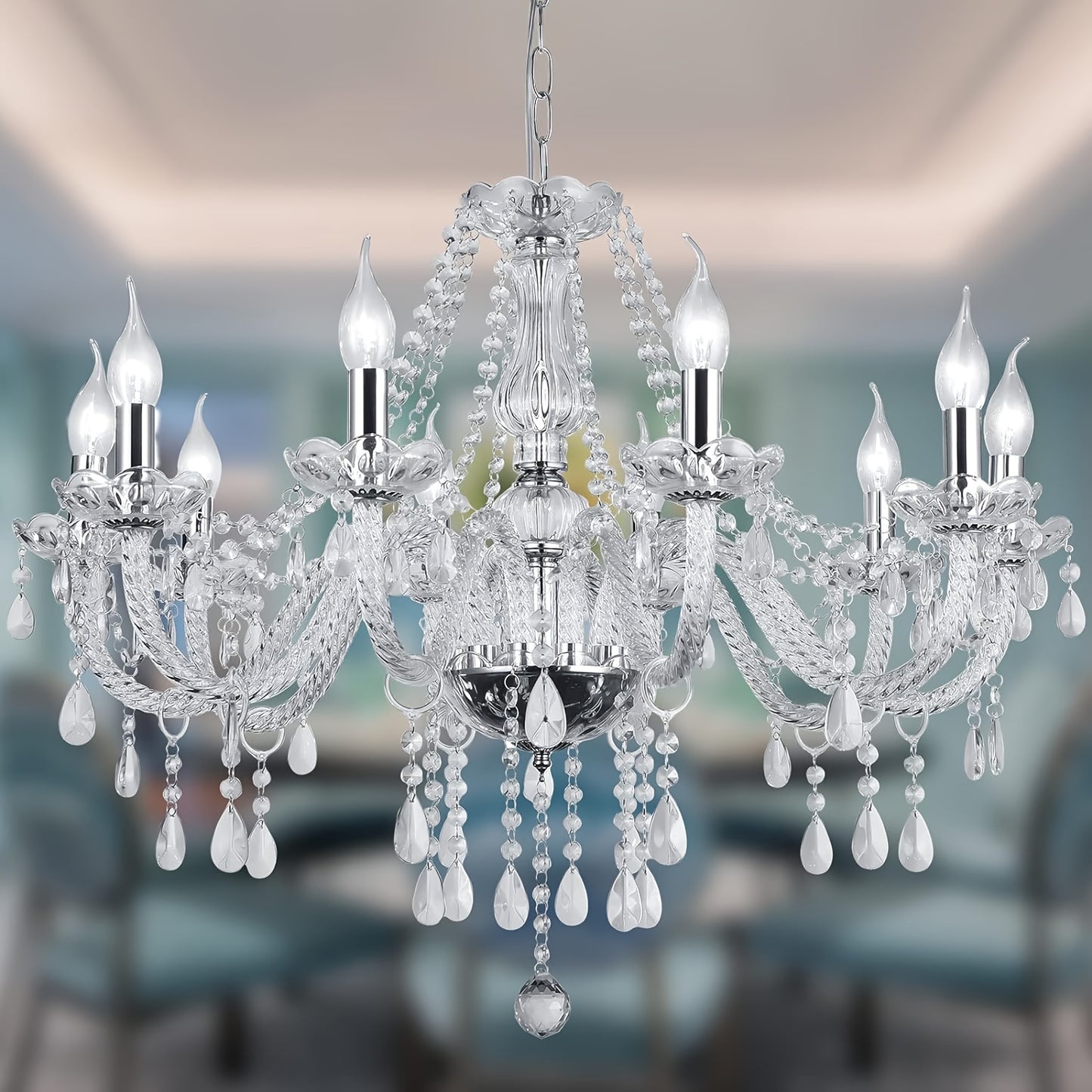 1pc Silver Color Luxurious Candle Crystal Chandelier, K9 Modern Crystal Chandelier For Dining Room, Glass Ceiling Pendant Lamp For Living Bedroom Lighting Hall Balcony
