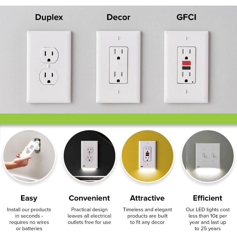3 Pack - GuideLight for Duplex Outlets - Replaces Plug - In Night Light - Electrical Receptacle Wall Plate with LED Night Lights - Auto On/Off Sensor - Duplex, White