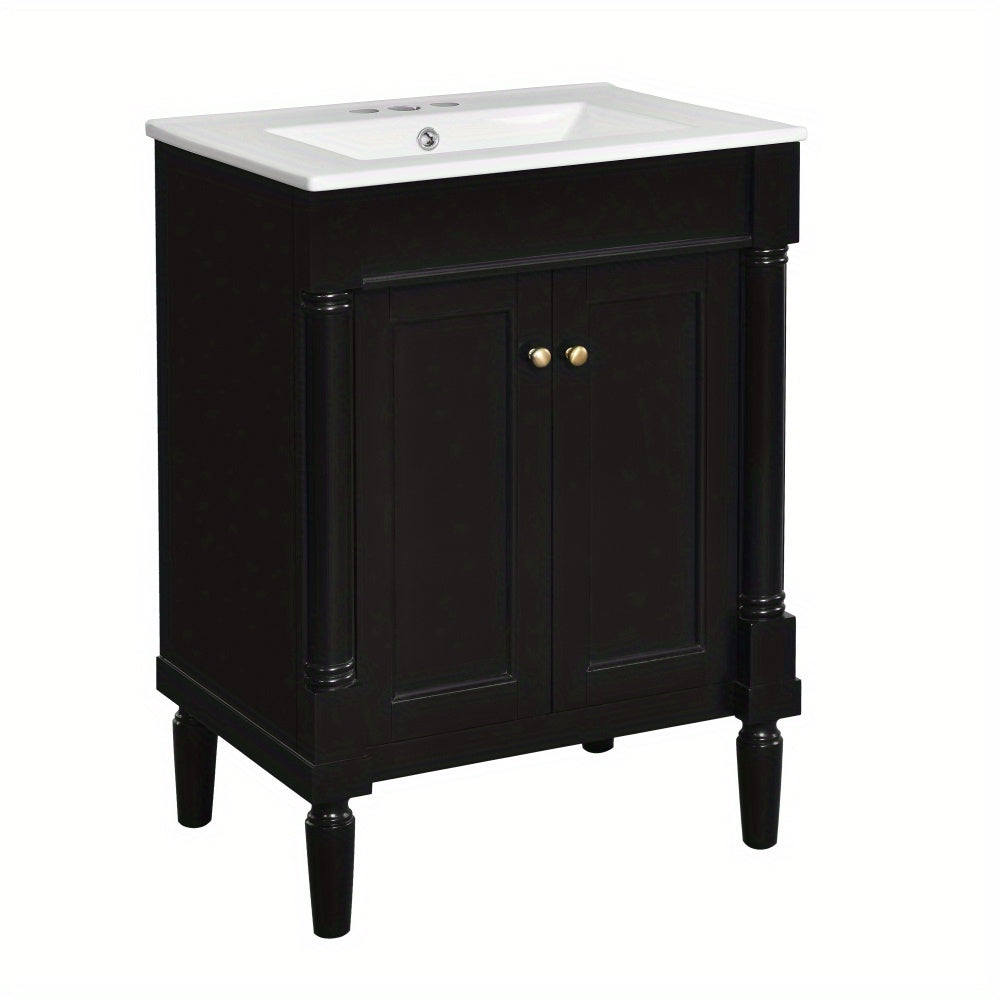 24" Black Bathroom Vanity with Top Sink, 2-Tier Modern Storage Cabinet, Hardwood Construction, Large Shelves for Bathroom Organization, Golden Accents, Durable MDF & Solid Wood Frame, Bathroom Decor And Accessories