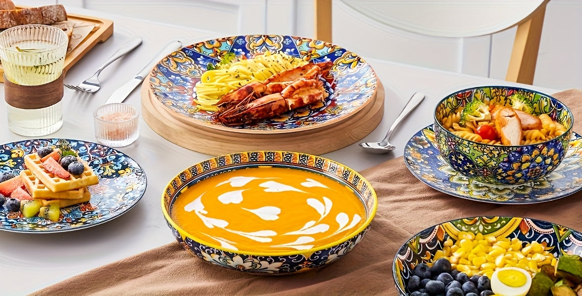 Dinner Sets for 6 People, Double Sided Printing Tableware Set, Multicolor Dining Set Simi Dinnerware Dish Set Artisanal 24pcs with Dinner Plate, Dessert Plate, Pasta Bowl AndCereal Bowl, Boho Colourful Tableware, Dishwasher A
