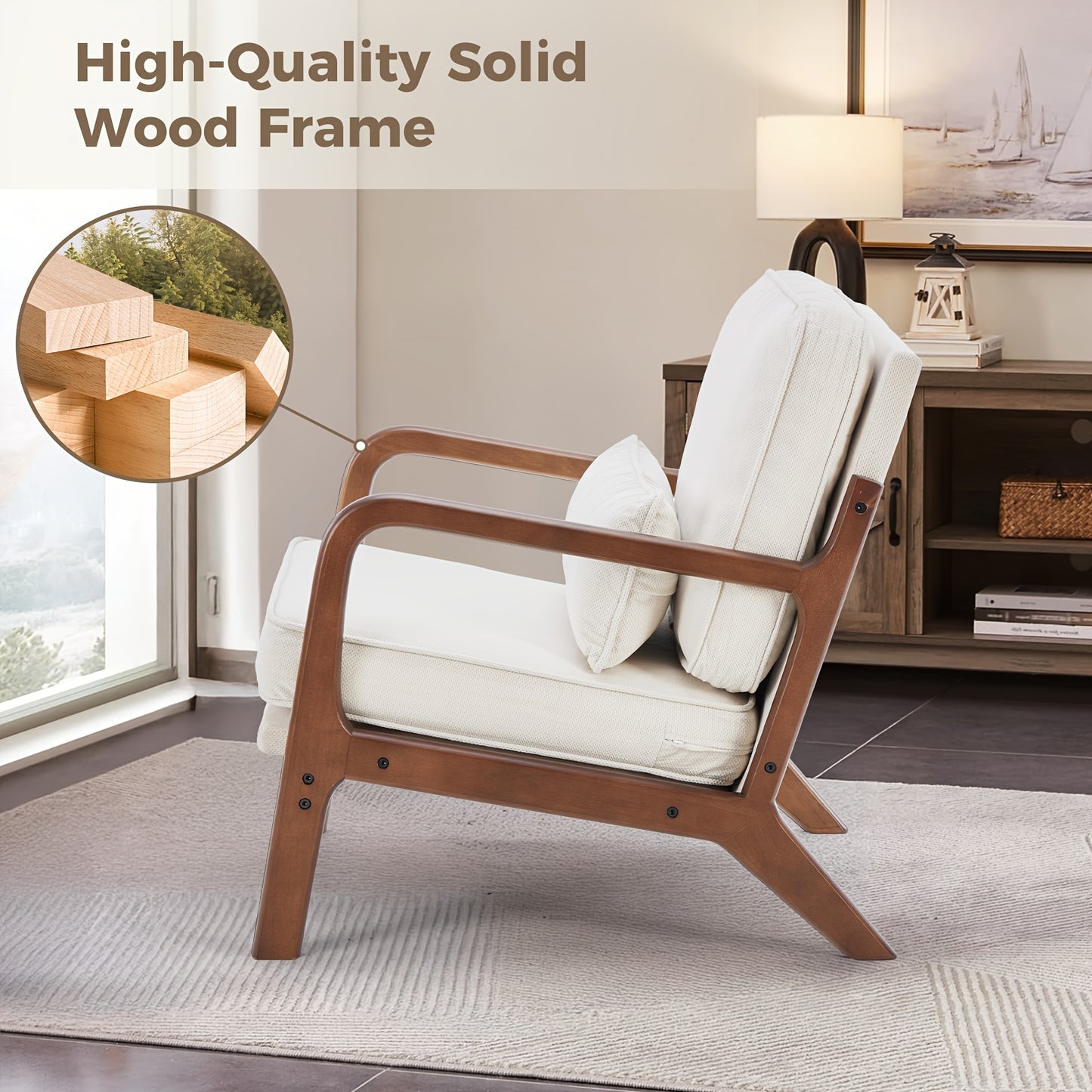 Mid Century Modern Accent Chair with Arms - Heavy-Duty 300 Weight Capacity Ergonomic Lounge Chair, Solid Wood Frame & Green Upholstery-like Foam Cushion (No Fabric for legs) Living Room, Bedroom, Office