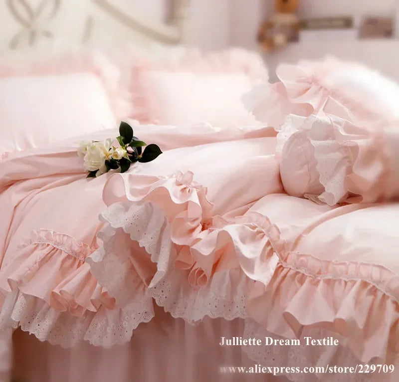 Top Romantic Lace Ruffle Duvet Cover Queen Solid Home Bedding Duvet Cover King Size 100% Cotton Elegant Bedroom Quilt Covers
