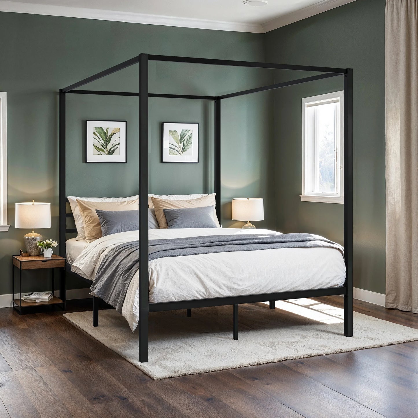 HOOMIC Canopy Bed Frame, Enhanced 4-Poster, 3-Metal Crossbar, No Box Spring Needed, Easy Assembly