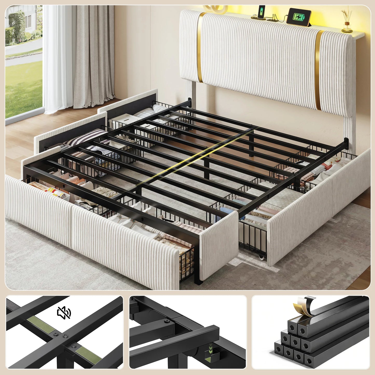 EnHomee Bed Frame with 6 Storage Drawers, Soft Upholstered Bed Frame with LED Light & Charging Station, Adjustable Tall Corduroy Headboard