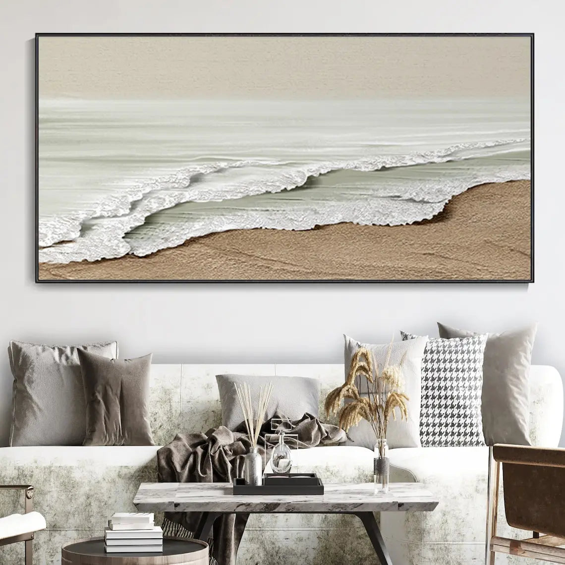 Large Sea Canvas Oil Painting Handmade Blue Sea Landscape Abstract White Wave Painting Textured Sea Painting Living Room Decor