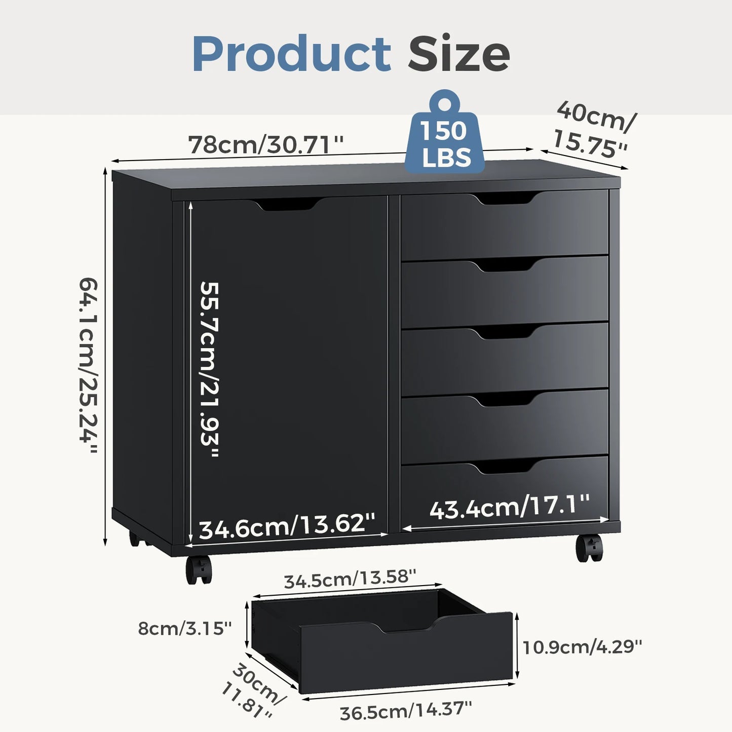 JHK Wood 5 Drawers Cabinets Organizer with Wheels Rolliing File Cabinet with Shelves and Door Printer Stand for Home Office