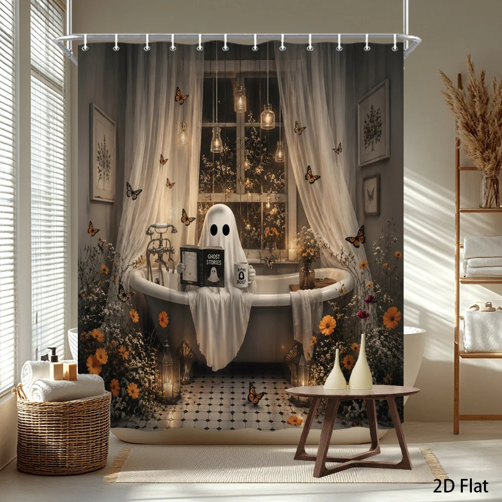 2D Flat, 1pc 2D Large-Sized Shower Curtain with Halloween Ghost Theme, Polyester Fabric Bathroom Decoration, Bathtub Partition