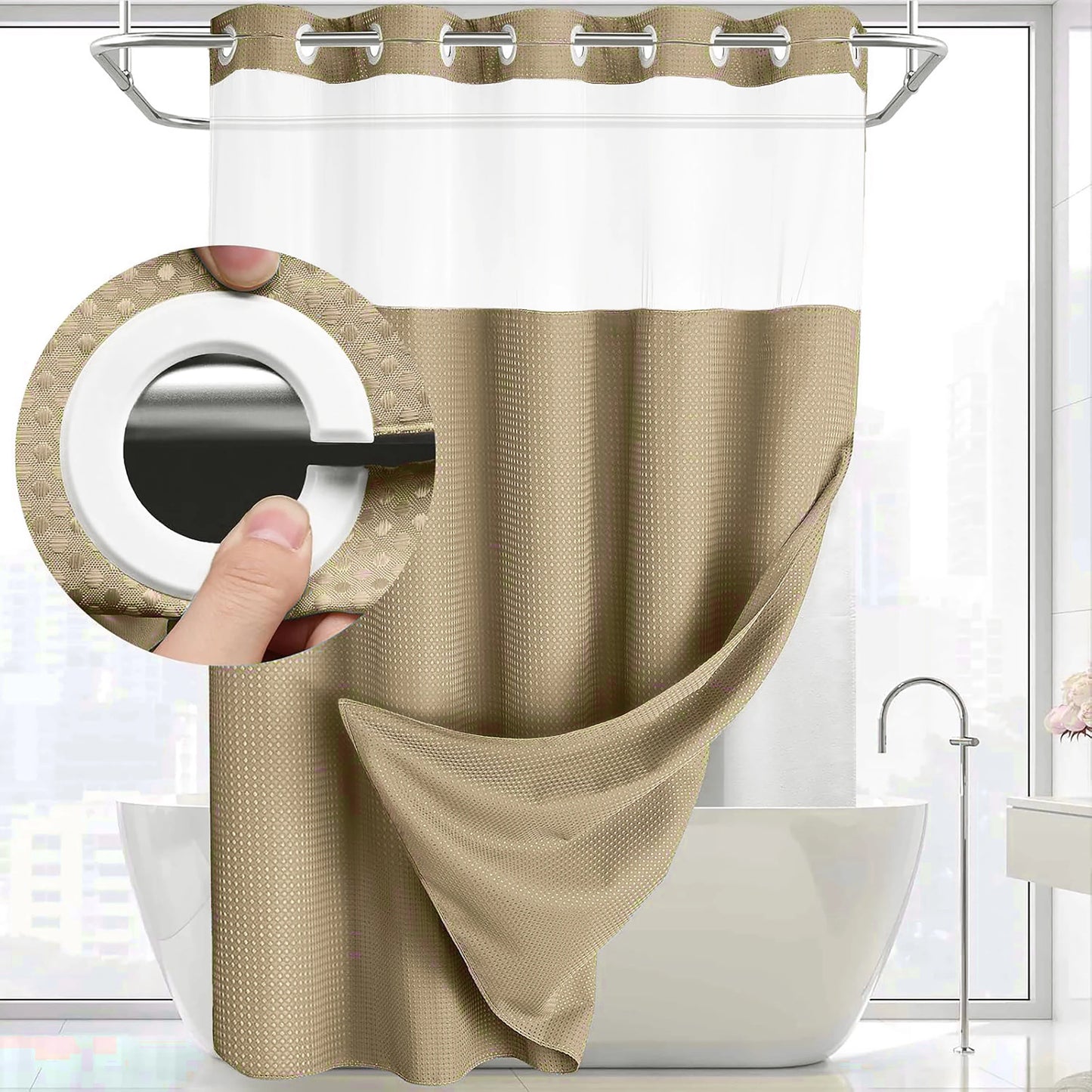 1PC Dotted Waffle Weave Shower Curtain Set Hotel Spa Grade Fabric 71x74 with Snap-In Liner No Hooks Required