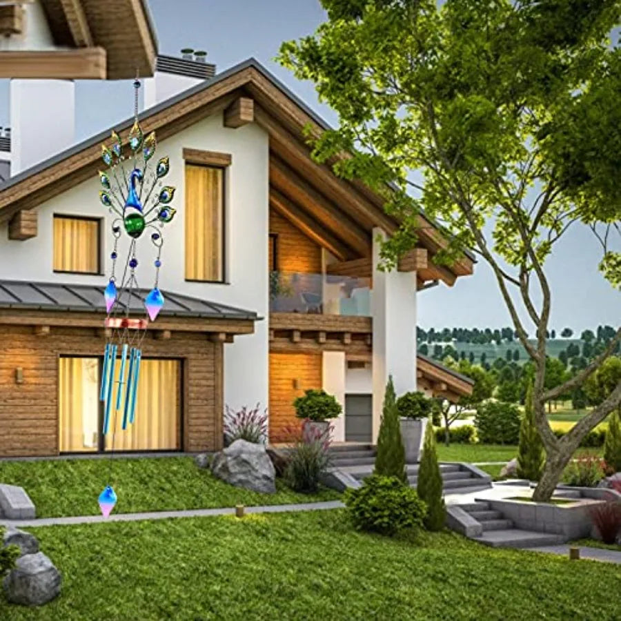 Solar Wind Chimes Outdoor Gifts for Mom Large Metal Peacock Wind Chimes Light with Crackle Glass Ball, Waterproof