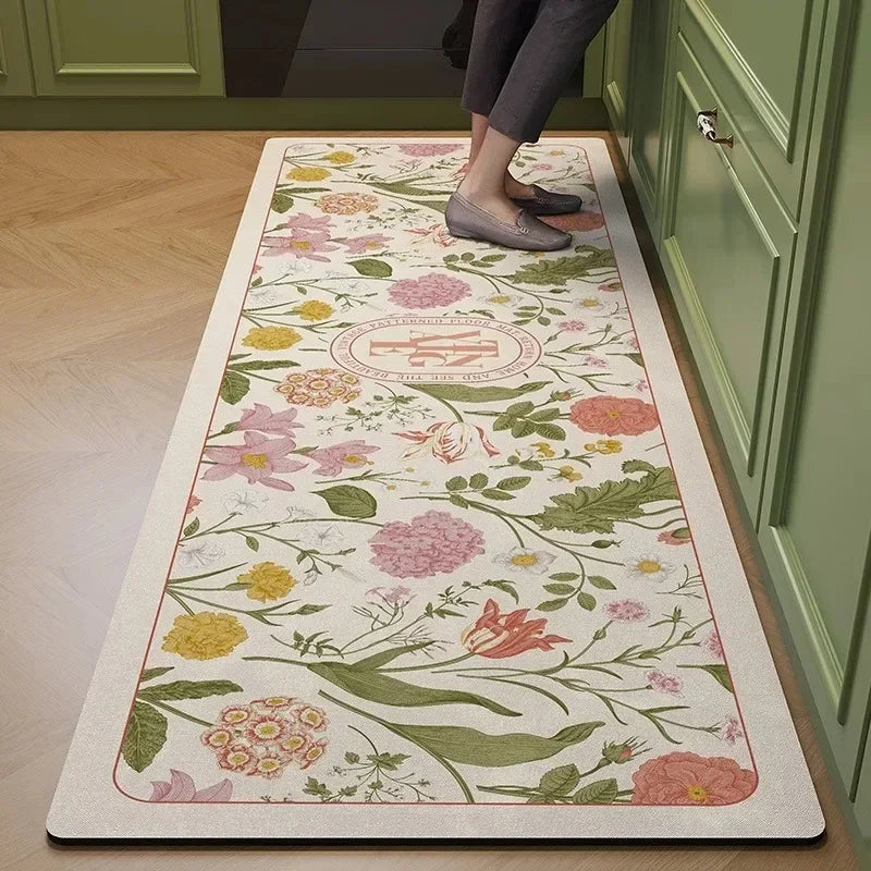 Kitchen Pvc Floor Mat Leather Waterproof Non-slip Carpet Oil-proof Foot Mats Pink Flower Pattern Home Decoration Rug Vinyl Rugs