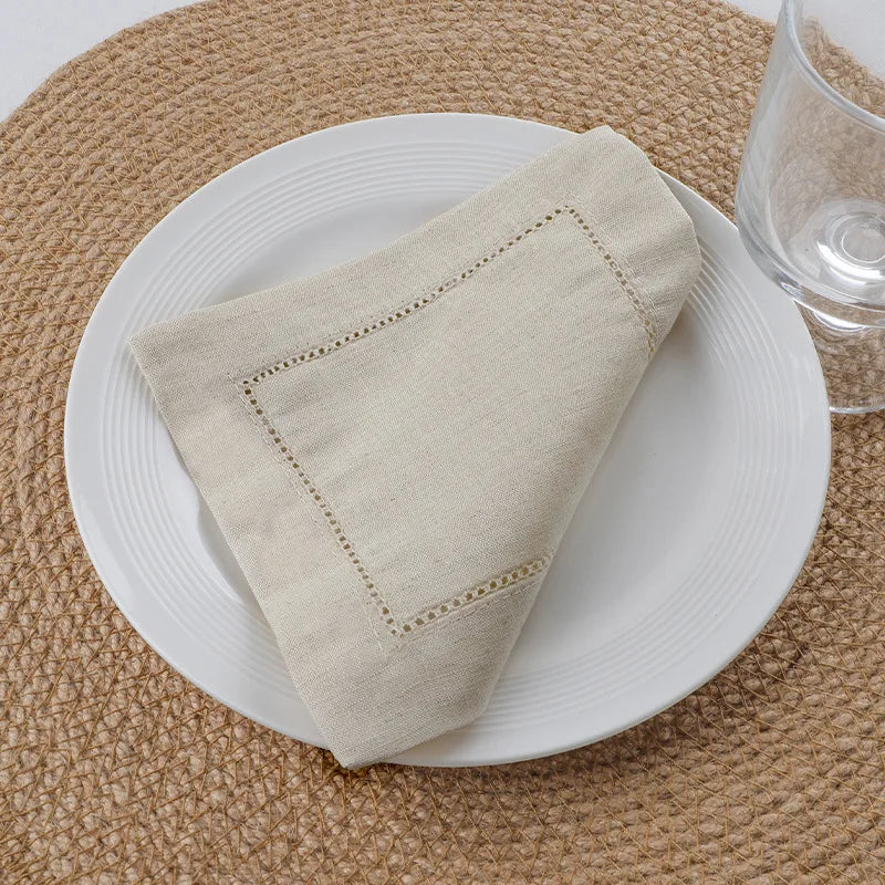 Set of 12 White Linen&Cotton Hemstitched Cocktail Napkins 6X6 Inch Washable Cloth Napkin Coasters for Wedding Bar Beverage Party