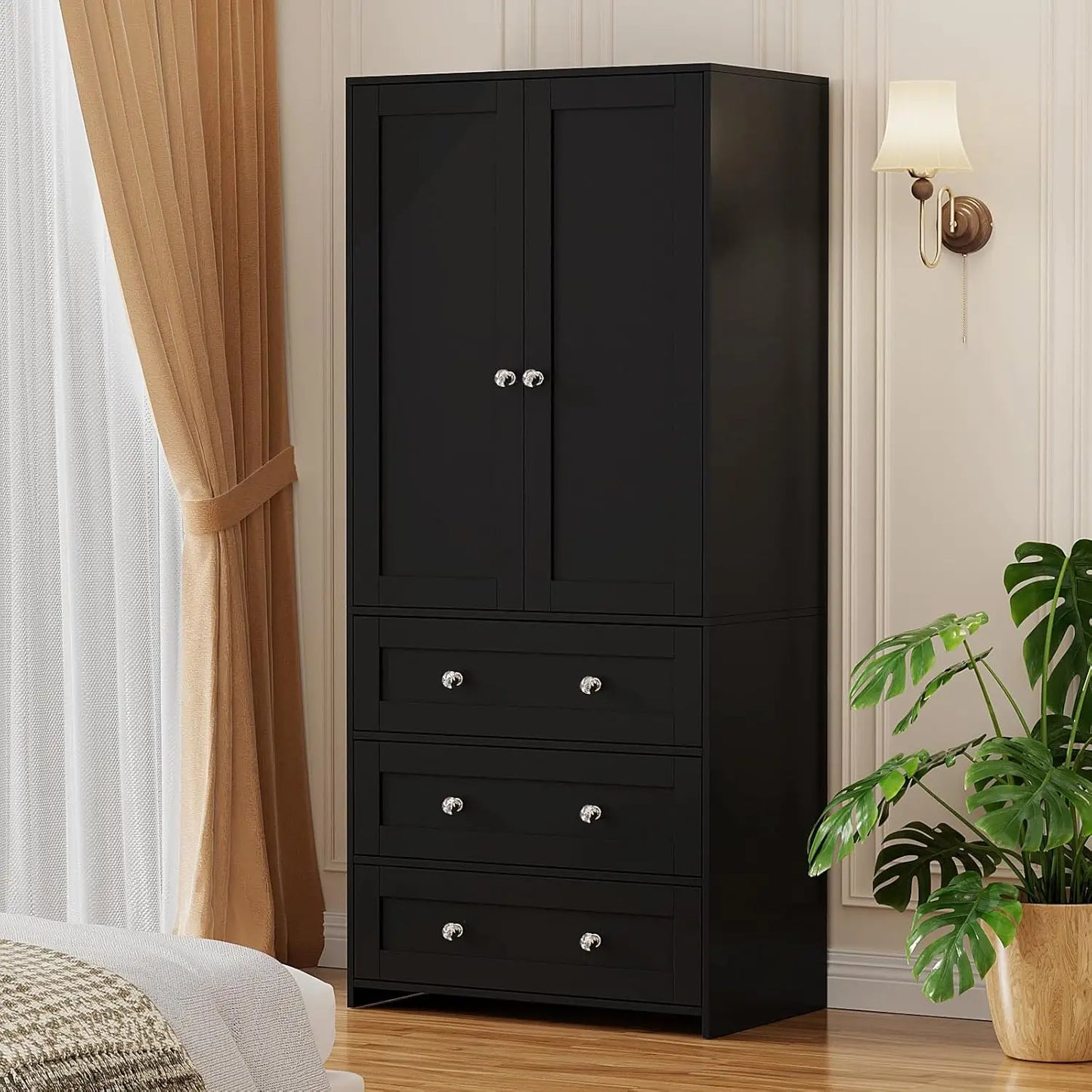 Armoire Wardrobe Closet with Drawers and Mirror, 71" Clothing Storage Cabinet with Hanging Rod, 2 Doors Wooden, Customized