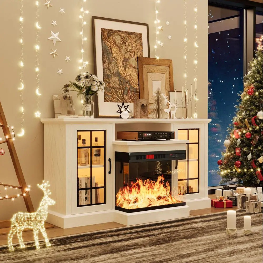 59 Fireplace TV Stand, 3 Sided Glass Media Entertainment Center Console Table for TVs up to 65 with Glass Door Adjustable Flame