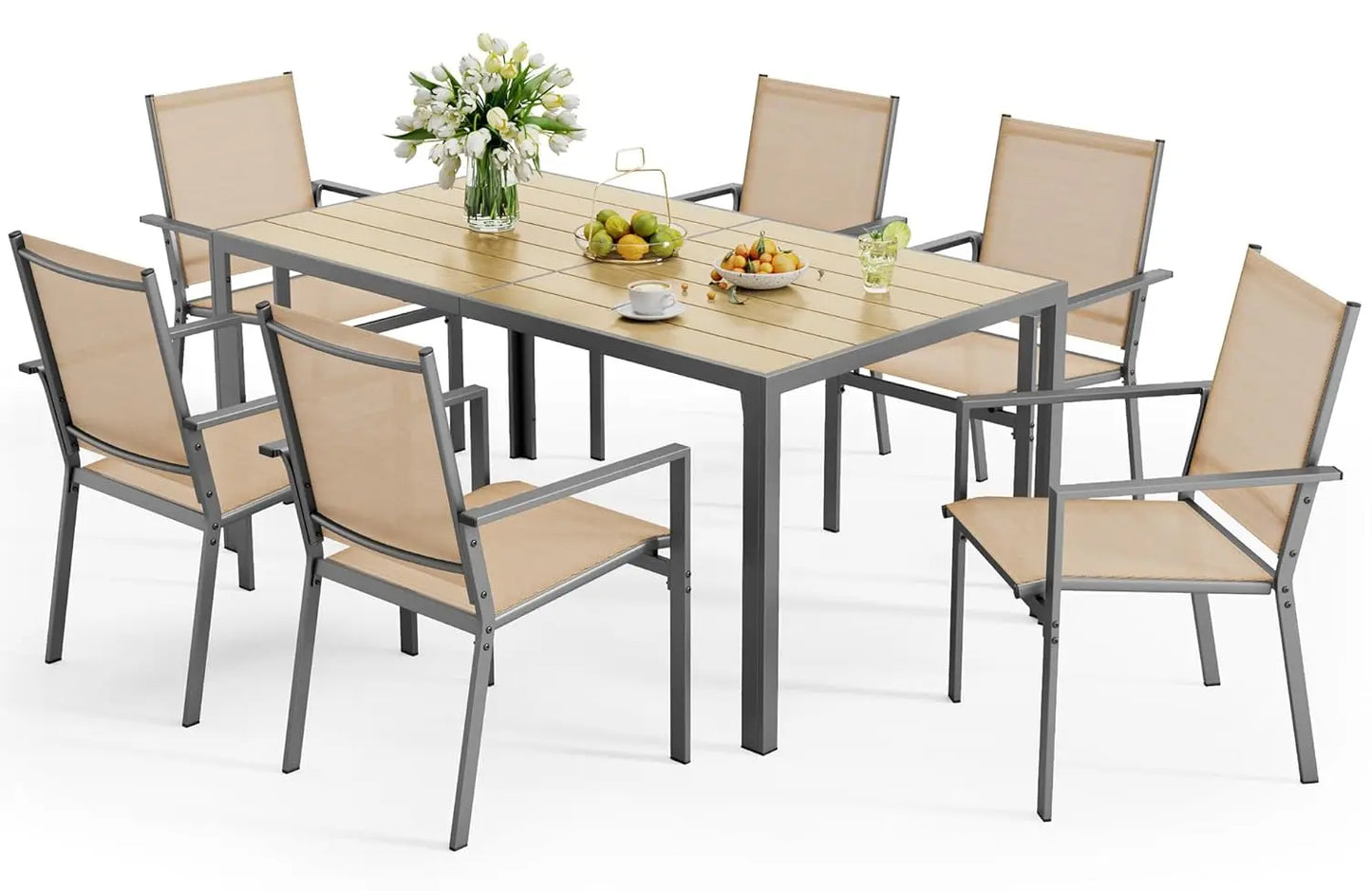 Patio Table and Chairs Set for 6, Outdoor Dining Set Includes 59.5" Rectangle Patio Table with Side Umbrella Hole, Customized