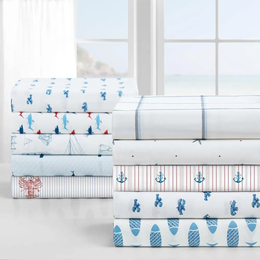 King Size Cooling Sheets Set with Smooth Cotton Percale Feel - Includes Pillowcases & Fitted Sheet in Whale Stripe Blue