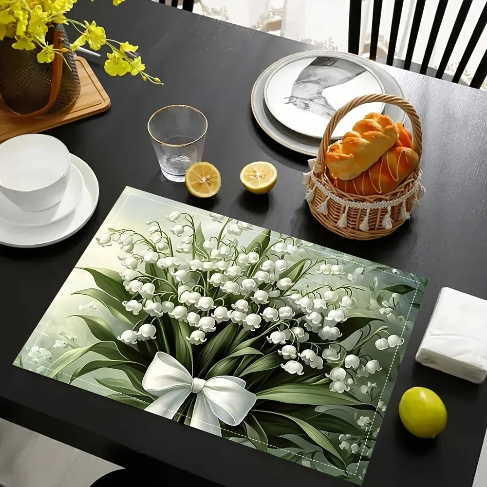 Single-Sided Printing Table Mats 12X18 Inch, Only a Plane Print, Lily-Of-The-Valley Bouquet with White Ribbons, Soft Lighting