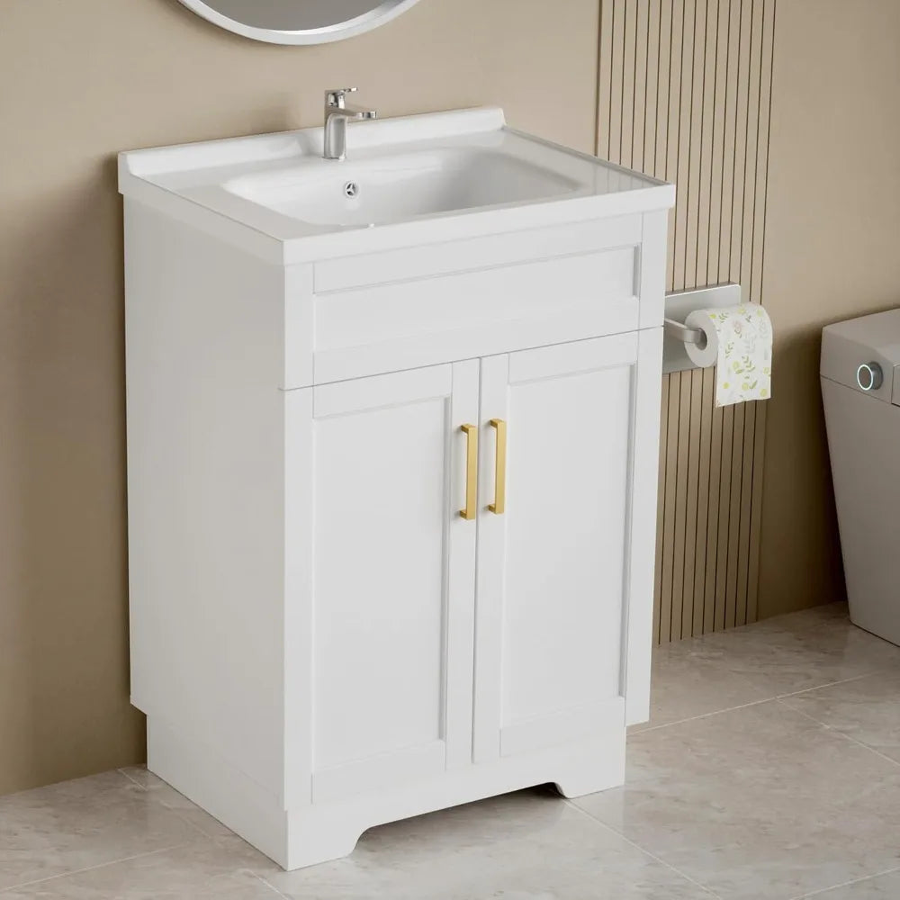 Bathroom Vanity with Ceramic Sink, Bathroom Vanity Cabinet with 2 Doors, 24 Inches Wooden Cabinet with Sink, Customized
