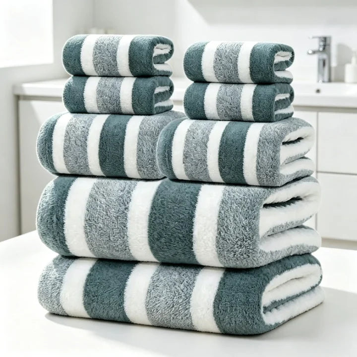 8 Piece Durable Decorative Two Tone Striped Towel Set Ultra Soft Lint Free Breathable Skin Friendly Quick Drying High Absorbency Bathroom Towels for Home Hotel Guest Bathroom 2 Bath 2 Face 4 Hand Towels Included