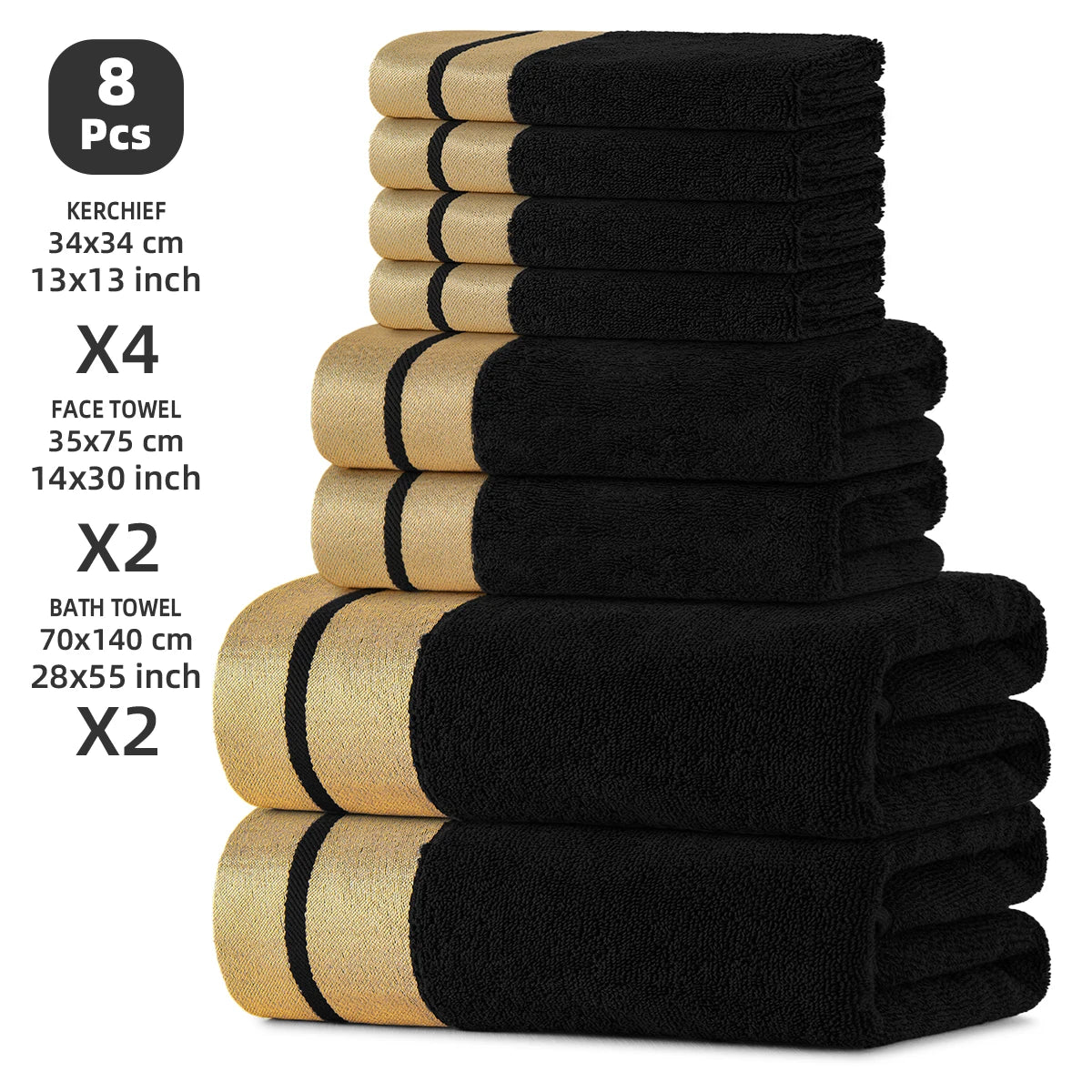8-Piece Luxury Pure Cotton Bath Towel Set, 2 Bath Towels + 2 Face Towels + 4 Washcloths, Soft and Comfortable, Highly Absorbent, 100% Cotton Towels, Bathroom Decoration Accessories, Everyday Use Towels
