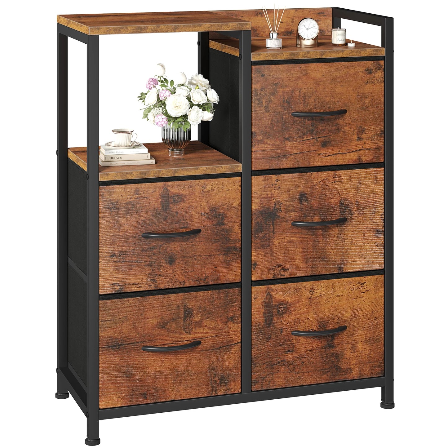 JHK 5 Fabric Drawer Chest with Raised Shelf Metal Frame TV Stands for Bedroom Storage Tower with Bins for Closet Organization Hallway Storage for Home