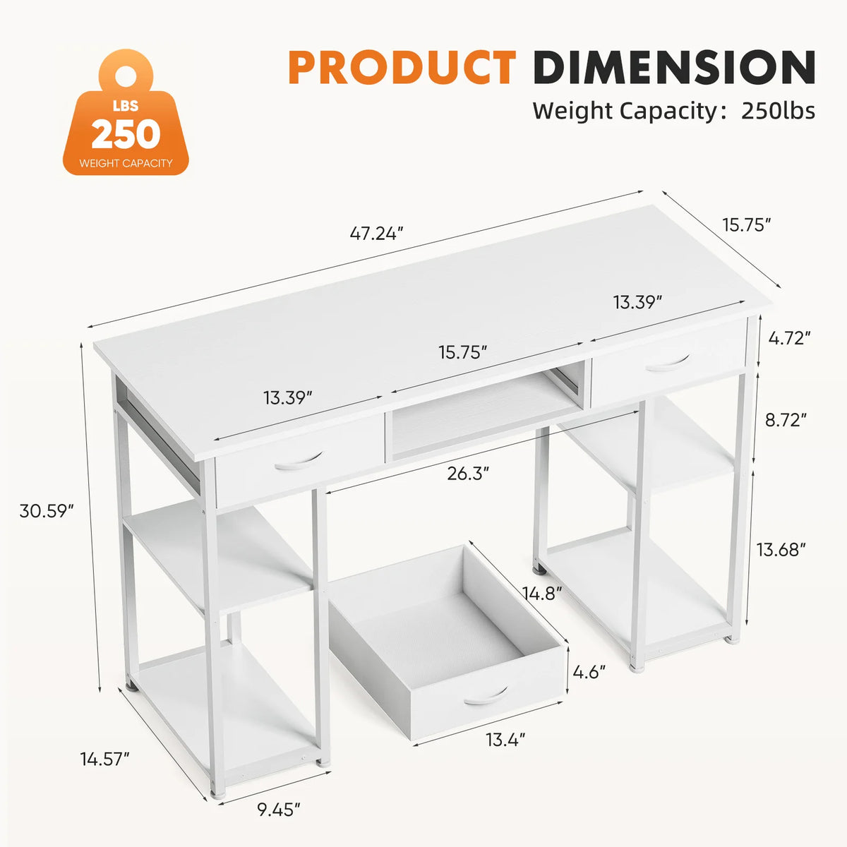 JHK 48 Inch Computer Gaming Desk with Fabric Drawers Storage Shelves Metal Frame Adjustable Feet Table For Bedroom Home Office