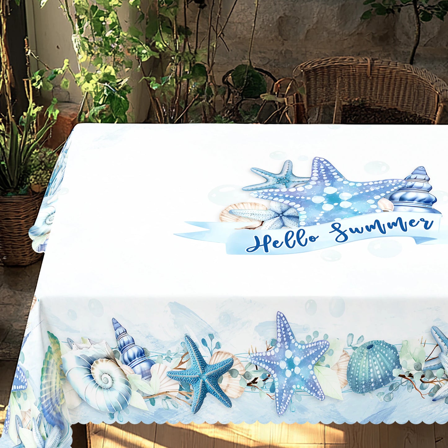 Coastal Tablecloth, Ocean Nautical Table Cloth, Polyester fibre, Coral Starfish Seashell Table Covers, Beach Themed Table
