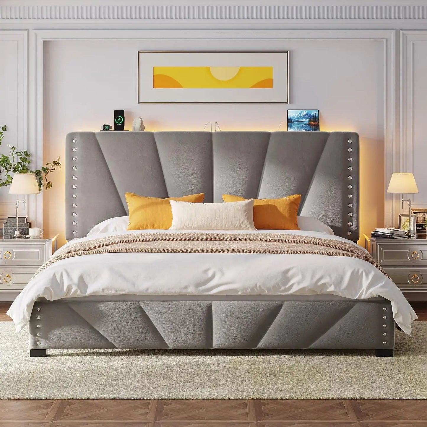 King-size Bed Frame, Velvet Bed Frame, with Headboard and LED Light, Platform Bed Frame, Beige