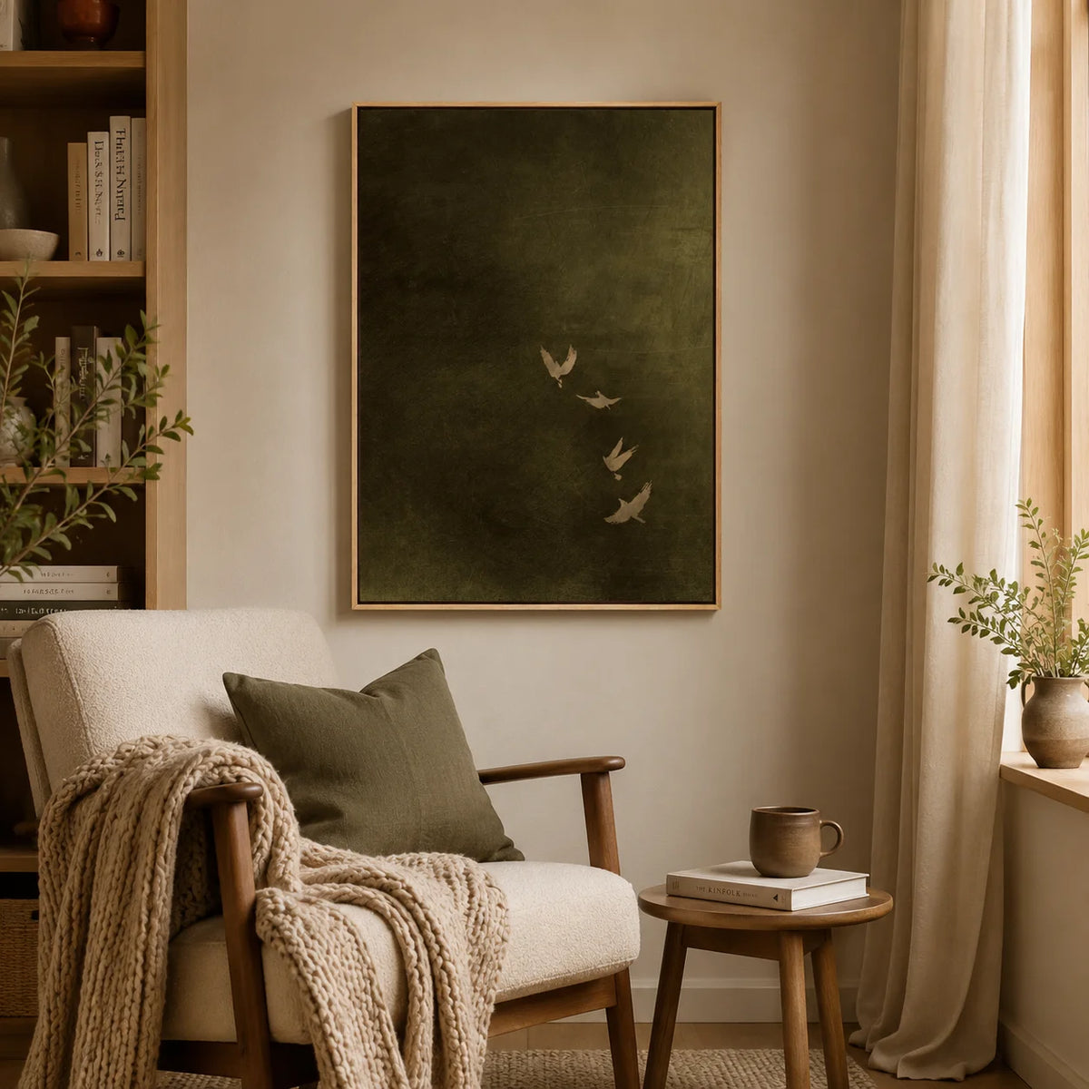 Olive Green Bird Canvas Art, Dark Moody Framed Art,Minimalist Japandi Living Room Decor Canvas Wall Print for Bedroom