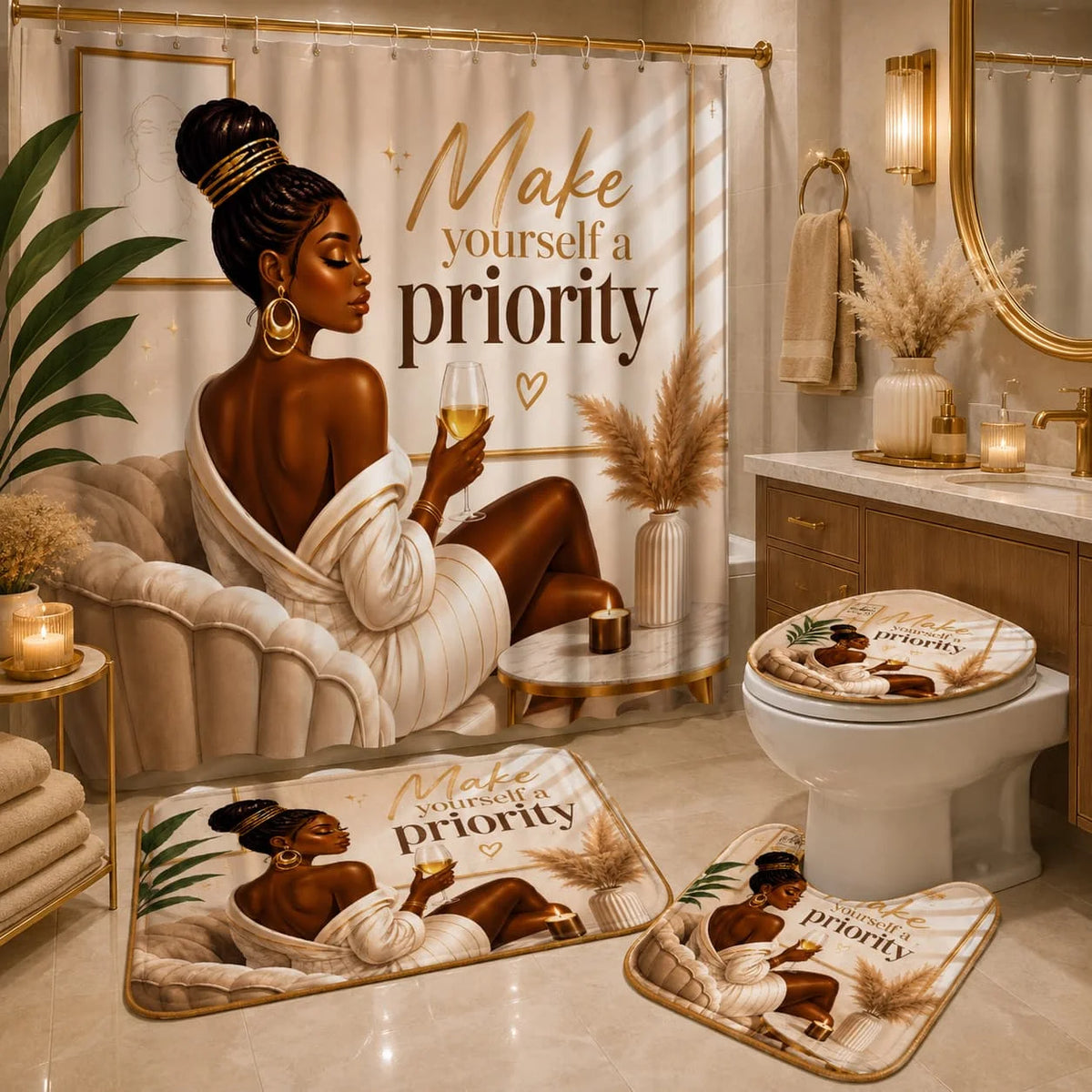 2D Flat, 2D Flat 4pcs Elegant Shower Curtain Set, Beige Golden Black Woman Inspirational Quote Design Bathroom Decor, Additions with U-Shaped, Toilet Lid Cover, Shower Curtain Includes Hooks, Inspirational Self Love Art, Home