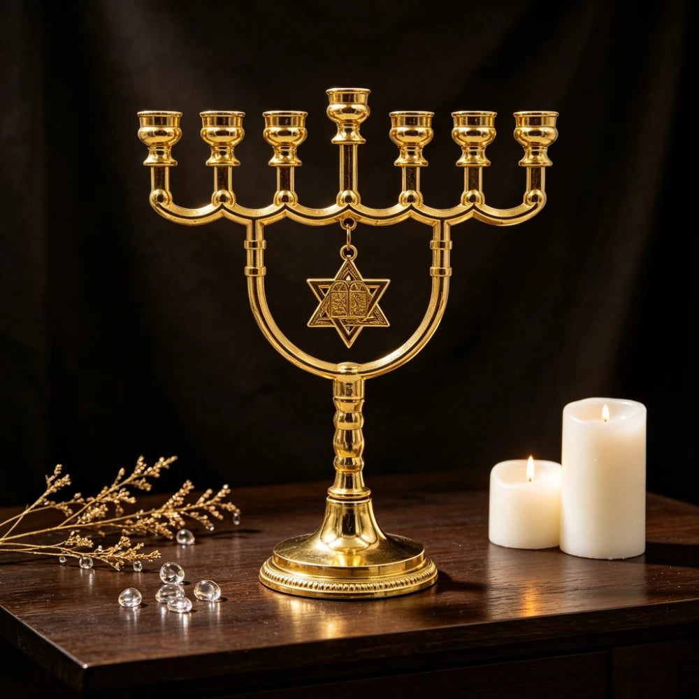 1PC Jewish 7 Branch Menorah Gold Zinc Alloy Candlestick with Star of David Religious Candle Holder for Hanukkah Home Decor