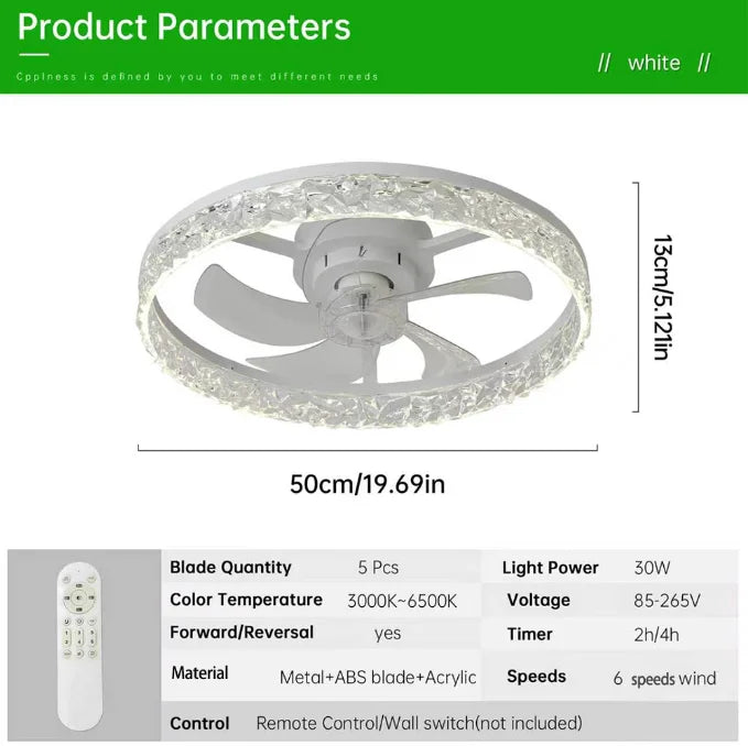 Ceiling Fans With Lights And Remote: 19.7" Modern Low Profile Flush Mount LED Ceiling Fan For Bedroom Crystal Bladeless Fandelier For Living Room Kitchen Dimmable DC Motor