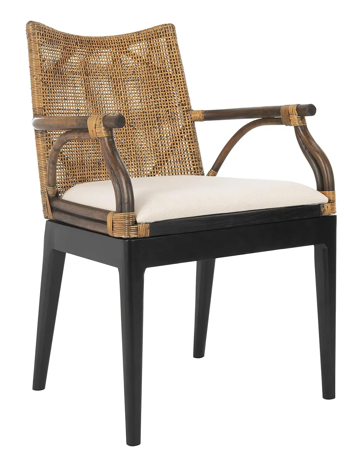 Home Collection - Gianni Brown & Black Solid Wood Rattan Arm Chair, Tropical Coastal Accent Seating for Living Room, Customized