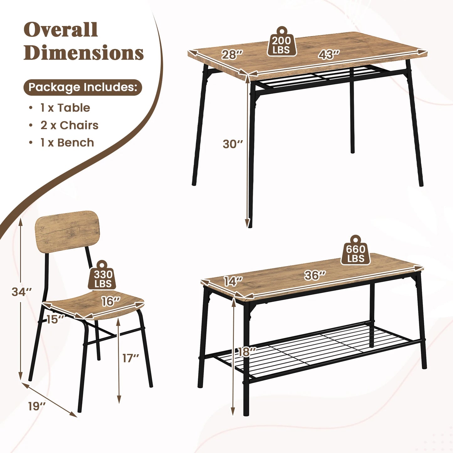 Dining Table Set for 4 Dining Room Kitchen Table w/ Bench 2 Chairs 4-Piece Set