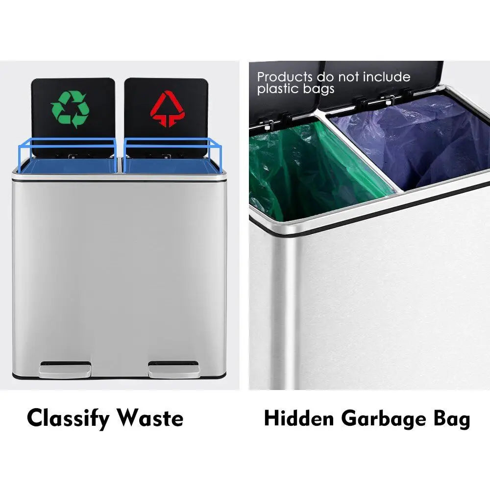 16 Gal (60L) Stainless Steel Kitchen Trash Can Dual Recycling Bin Garbage Can with Lid
