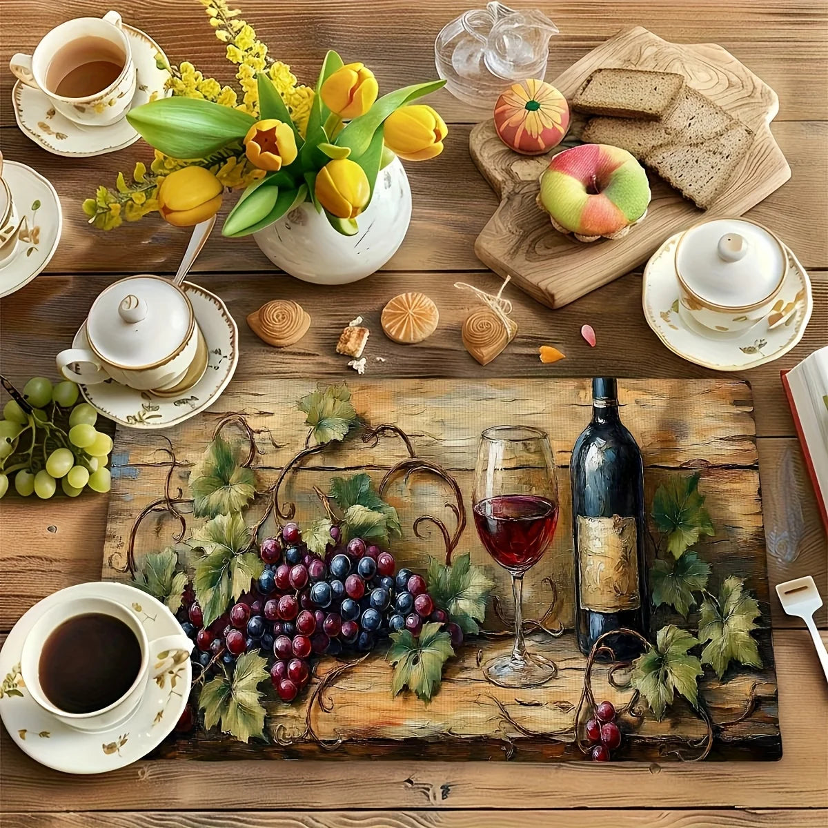 4/6/8pcs Country Wine Grape Pattern Placemats, 12x18 Inches Heat-Resistant Washable Decorative Table Mats for Dining Room, Home