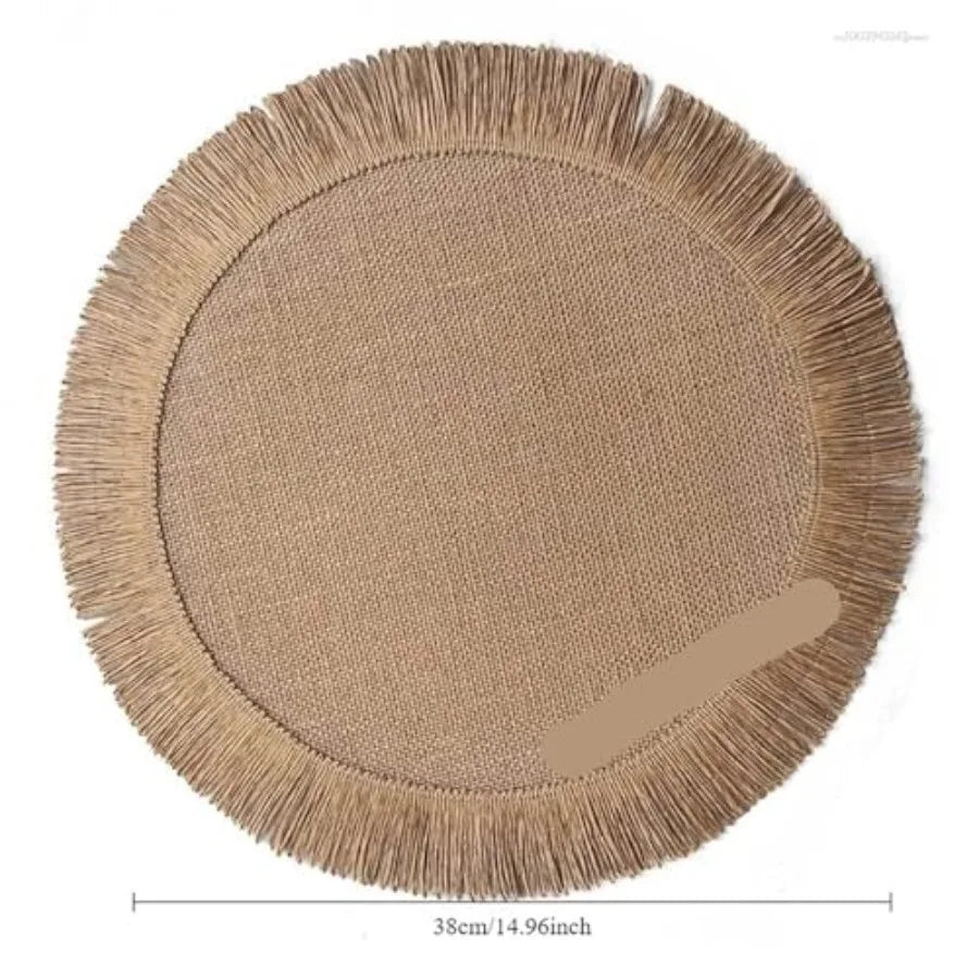 6pcs Round Braided Placemats Fringe Paper Table Mats Hand Woven Non-Slip Insulation Place Mats Tea Cup Pad Dining Table Decorat
