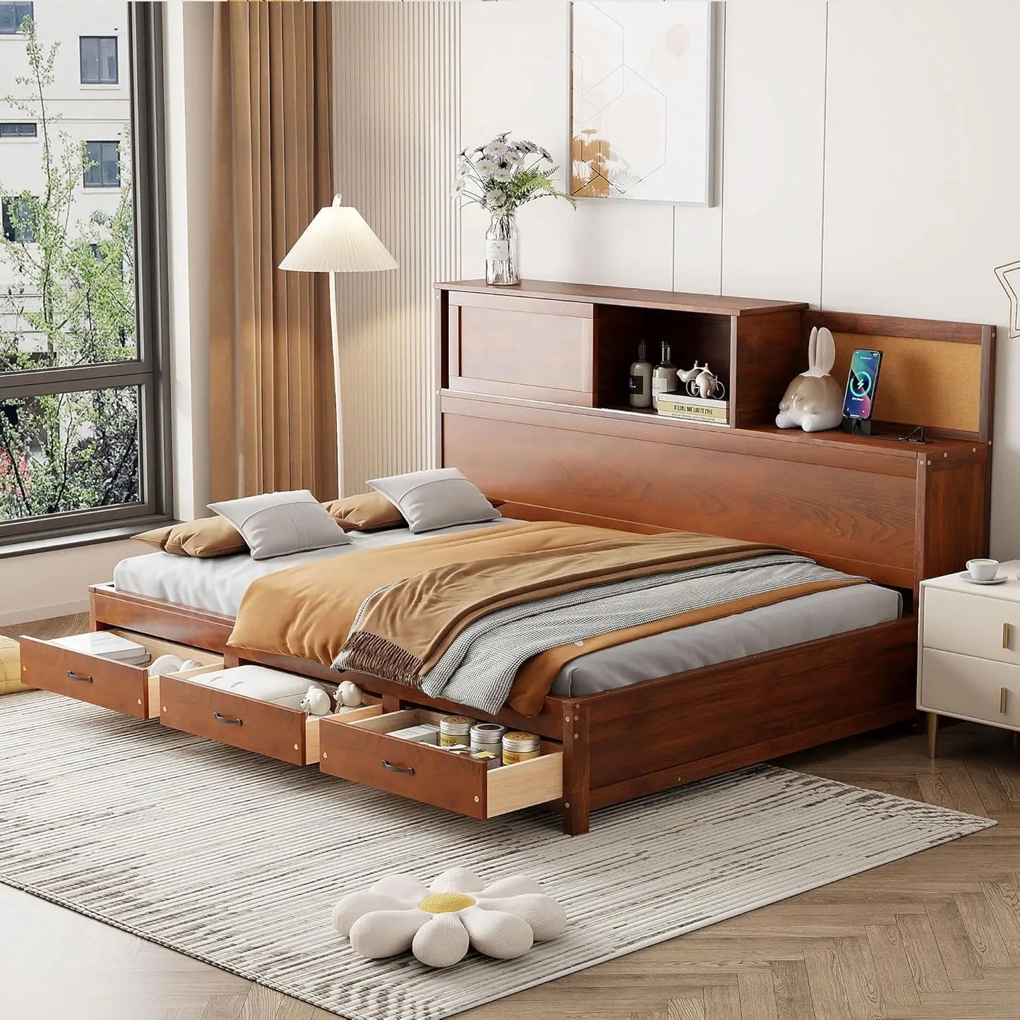 Full Size Daybed with USB Ports and Sockets,Wooden Platform Bed Frame with Storage Drawers and Shelf for Living, Customized