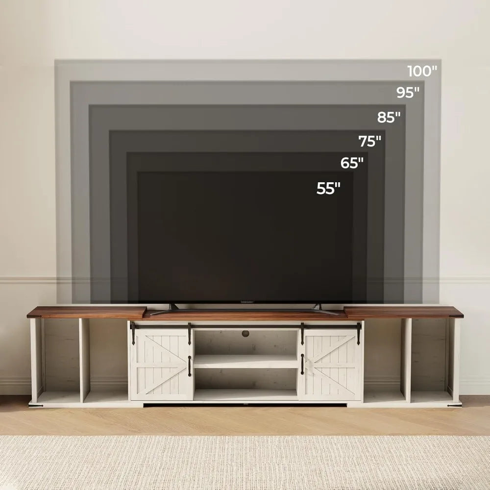Extendable TV Stand, Entertainment Center for 85 95 105 Inch TV,with Large Capacity Storage and Sliding Doors,Farmhouse TV Stand
