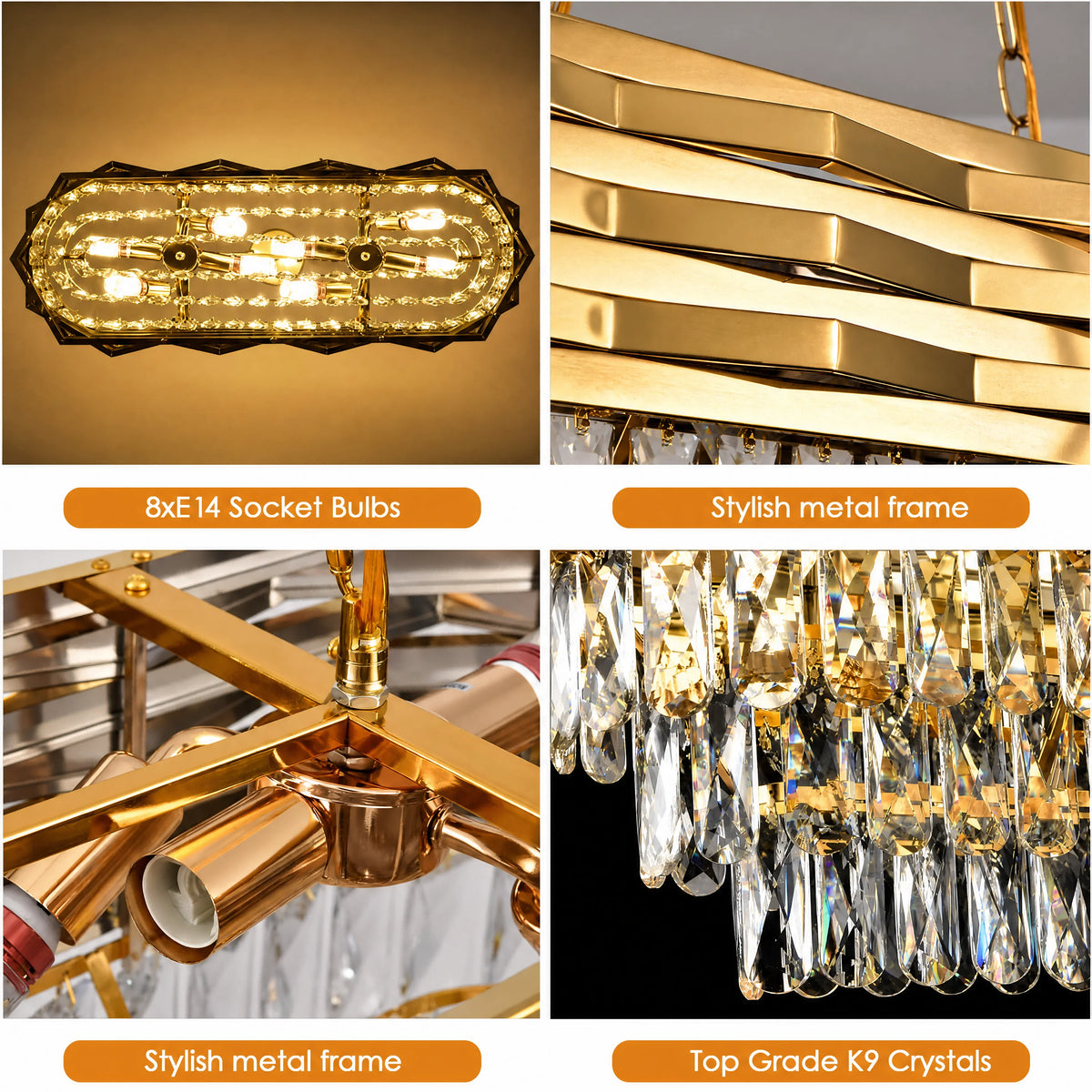 Modern Gold Crystal Chandelier, Luxury Pendant Light with Adjustable Hanging Chain, Rectangular K9 Crystal 8‑Light E14 Base Ceiling Lamp for Kitchen Island Dining Room Living Room