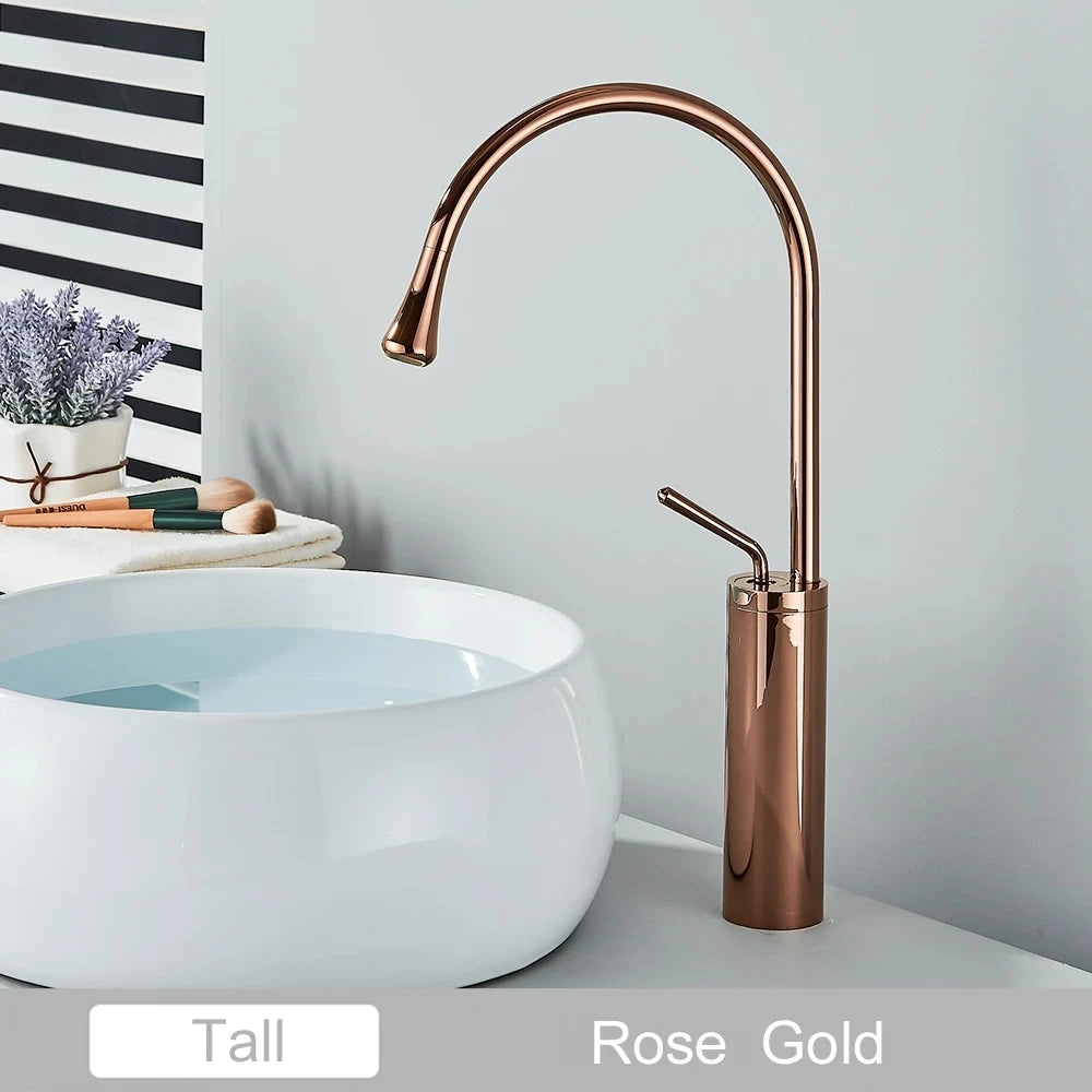 Brushed Golden Brass Art Basin Faucet Bathroom Washbasin Hot Cold Tap 360 Swivel Waterfall Gold Tall Model Mixer Deck Mounted