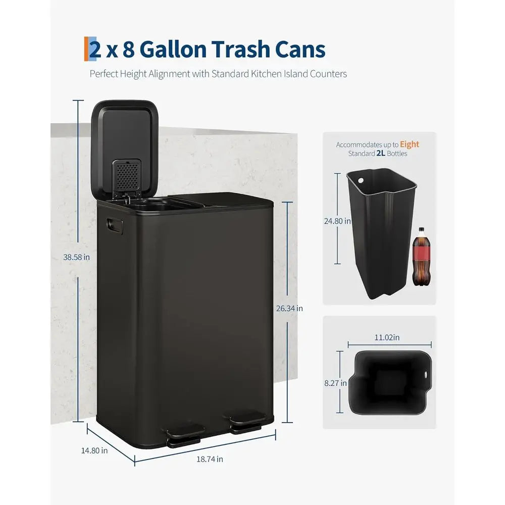 Double Trash Can, 2 x 8 gal (2 x 30 L) Garbage Can or Kitchen Dual Compartment Recycling Kitchen Step Trash Bin, Stainless Steel Trash Can.